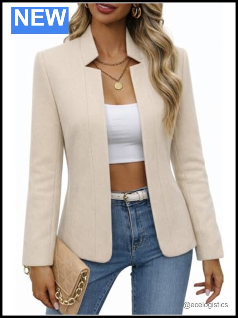 Wool Blend Women's Open Front Tweed Blazer Plaid Fitted Suit Jacket